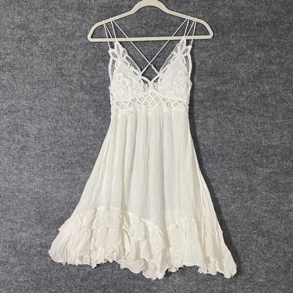 Free People Mini Dress Small White Adella Slip A-Line Lace Ruffle - Picture 3 of 16